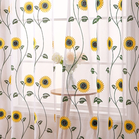 Sunflower Floral Embroidered White Sheer Curtains Grommet Top Semi Shading Polyester Tulle Window Drapes Living Room