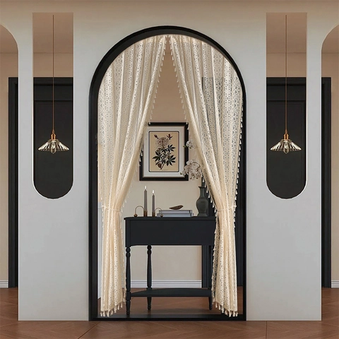 Bohemian Kant Deurgordijn Vintage Gehaakte Opengewerkte Geometrische Bloemen Wand Met Kwastjes Voor Huisdecor Beige