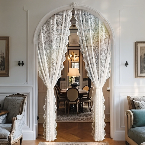 French Lace Door Curtain White Sheer Voile Floral Embroidery Scalloped Edge Partition For Bedroom Living Room Decor