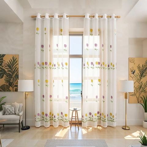 Tulip Embroidered Sheer Curtains Polyester White Voile Semi Transparent Window Treatment With Eyelet For Living Room Bedroom Pastoral Floral Curtains