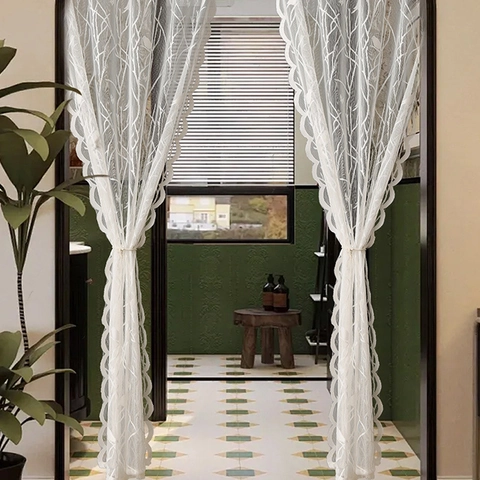 French Style White Lace Door Curtain Mesh Semi Transparent Branch Bird Embroidery Retro Room Divider Partition Decorative