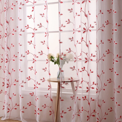 American Country Embroidered Sheer Curtain Polyester Floral Sunflower Vine Leaf Pattern Grommet Top Window Screening For Living Room Bedroom Home Decor