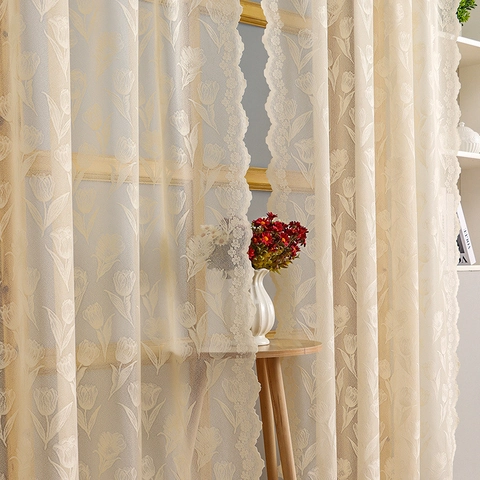 French Retro Tulip Lace Sheer Curtain Scalloped Edge Light Filtering Polyester Window Voile For Living Room Creamy White