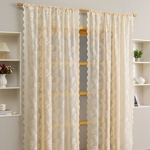 French Vintage Tulip Lace Sheer Curtains Scalloped Edge Light Filtering Privacy Window Voile Panels For Bedroom Living Room