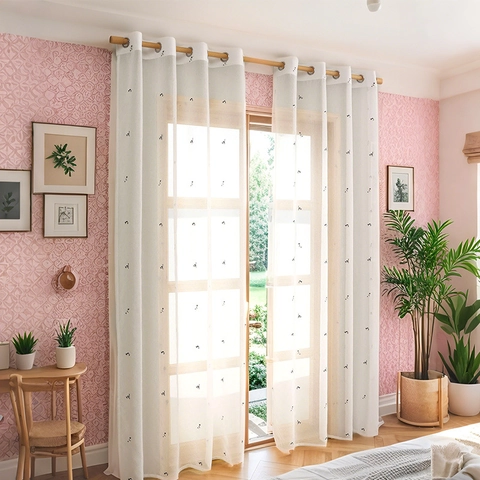 White Sheer Curtain Cat Embroidery Grommet Top Semi Transparent Light Filtering Window Treatment For Living Room Kids Bedroom