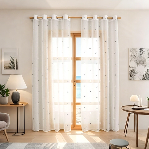 Rideaux Voilages Blancs Modernes Avec Broderie Chat Œillets Polyester Voile Semi Transparent Protection Intimité Pour Salon Chambre