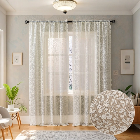 French Vintage Floral Lace Sheer Curtains Scalloped Edge Light Filtering Polyester Window Drapes For Living Room Bedroom Balcony Home Decor