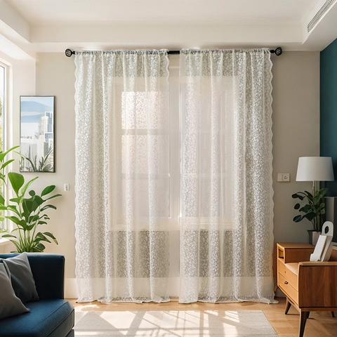 French Vintage Floral Lace Sheer Curtains Scalloped Edge Light Filtering Polyester Window Drapes For Living Room Bedroom Balcony Home Decor