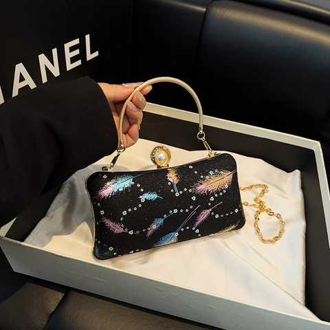 Luxury Women Sequin Evening Bag With Feather Print Pearl Clasp Metal Handle Chain Shoulder Crossbody Party Box Clutch
