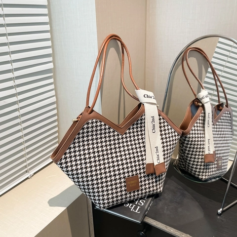 Houndstooth Fabric Large Capacity Tote Bag PU Leather Trim Contrast Color Shoulder Handbag For Women V-Shaped Design
