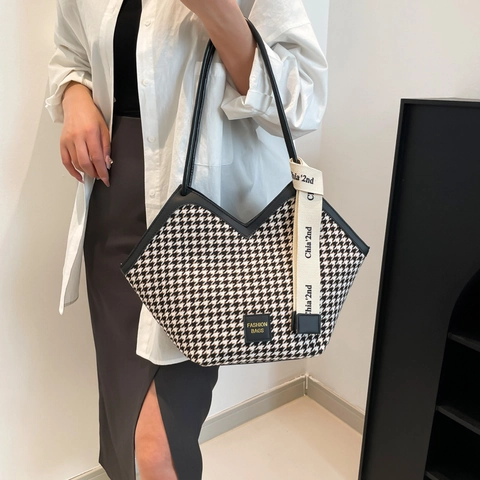 Sac Fourre-tout Mode pour Femmes Motif Pied-de-poule Grande Capacité Ouverture en V Sac à Épaule Patchwork PU et Tissu