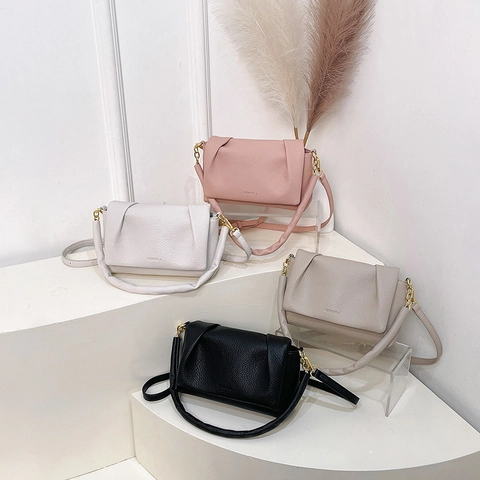 Ruched Flap Crossbody Bag Lychee Grain PU Leather Shoulder Handbag Gold Hardware Niche Design For Women Daily Use