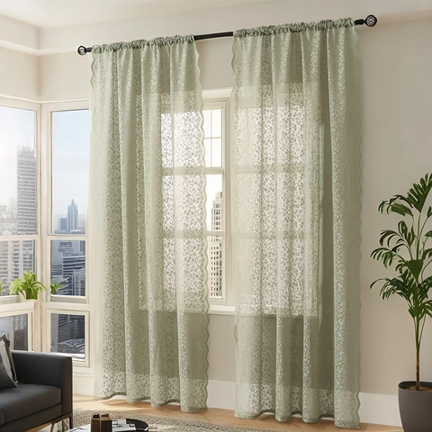 Floral Lace Curtains Hollow Out Translucent Polyester Scalloped Edge Pastoral Style Window Drapes For Bedroom Living Room