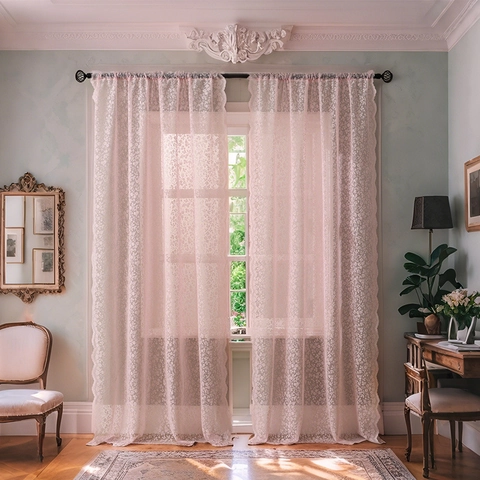 Cortinas de Encaje Floral Estilo Francés Semi Transparente Borde Festoneado Bolsillo de Varilla Rosa Blanco Gasa para Sala Dormitorio