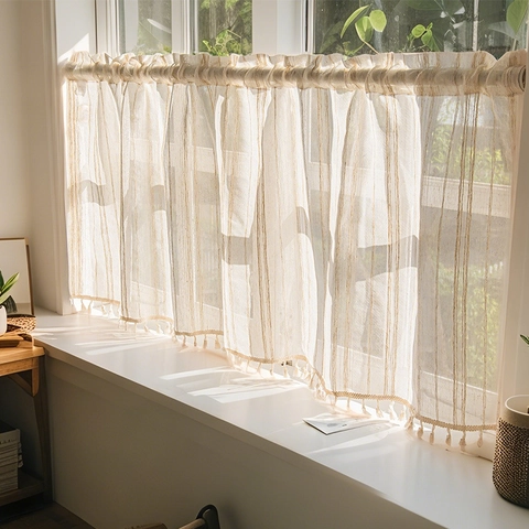 Japanse Stijl Linnenmix Kwastjes Deurgordijn Verticale Strepen Stangzak Semi-Transparant Café Gordijn Voor Huis Decor