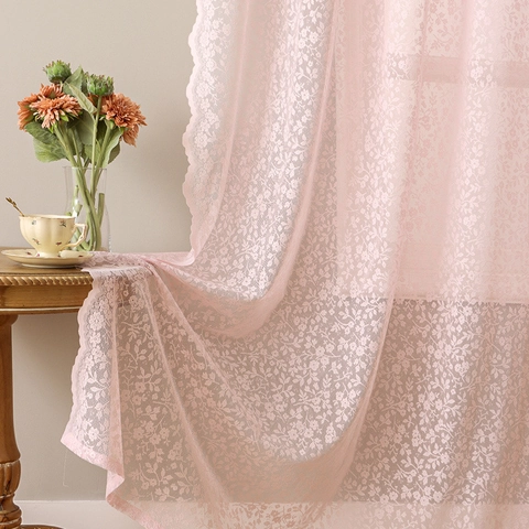 Pastoral Style Lace Floral Curtain Hollow Out Sheer Voile Window Drapery With Scalloped Edges For Living Room Bedroom Home Decor