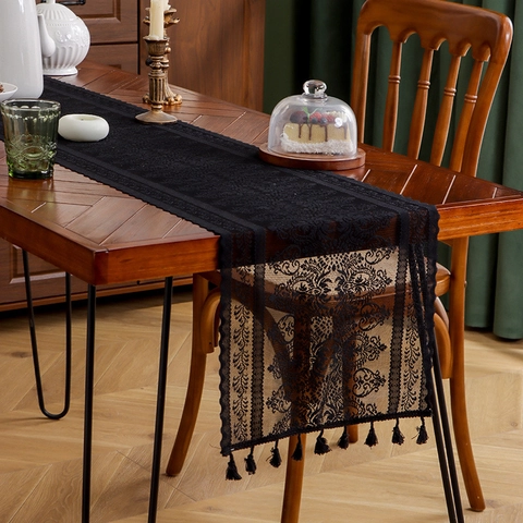 Runner Da Tavola Pizzo Nero Design Floreale Traforato Con Nappine Stile Vintage Decorazione Tavola Pranzo