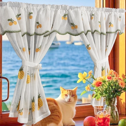American Country Style Fruchtstickerei Kaffeevorhänge Polyester Transparente Weiße Wellenkante Stangentasche Für Die Küche