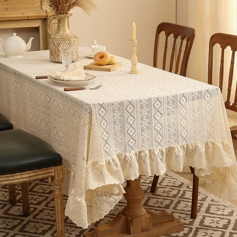 Nappe En Dentelle Motif Diamant Creux Bord À Volants Polyester Décorative Rétro Français Couverture De Table Pour Salle À Manger