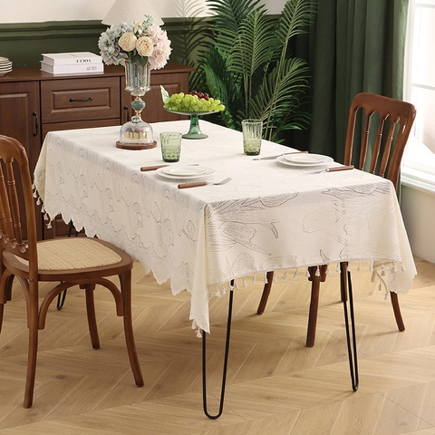 Tulip Jacquard Lace Tablecloth Rectangular Polyester Fabric With Tassels French Retro Elegant Dustproof Dining Table Cover