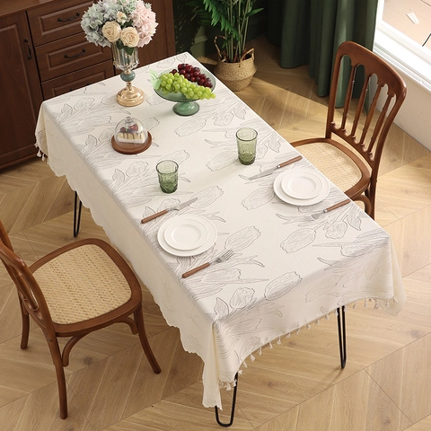 Nappe en Dentelle Vintage Style Ins Minimaliste Moderne Avec Broderie de Tulipes Et Bords à Glands Pour Décor de Cuisine