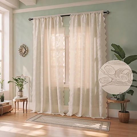 French Style Tulip Embroidered Lace Curtains Polyester Rod Pocket Sheer Voile Window Drapes For Living Room Bedroom Kitchen
