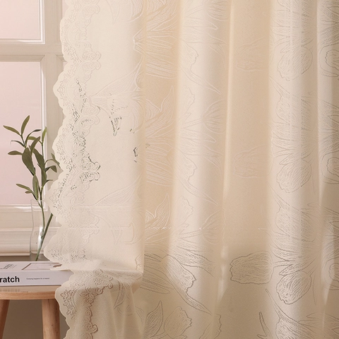 French Style Tulip Embroidered Lace Curtains Polyester Rod Pocket Sheer Voile Window Drapes For Living Room Bedroom Kitchen