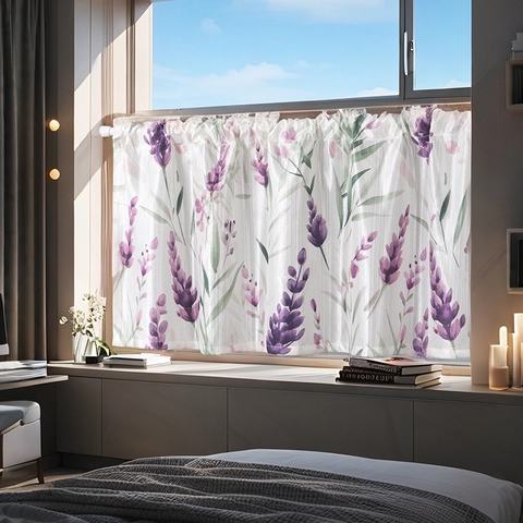 Cortina de Café con Bolsillo para Varilla Estampado Lavanda Pastoral Poliéster Floral Media Cortina Ventana Pequeña Cocina Dormitorio