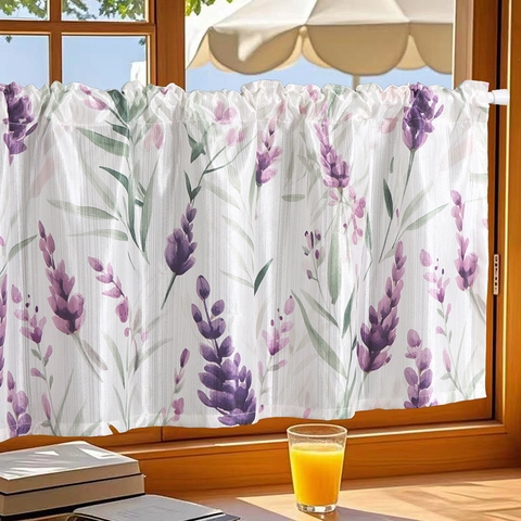 Cortina de Café con Bolsillo para Varilla Estampado Lavanda Pastoral Poliéster Floral Media Cortina Ventana Pequeña Cocina Dormitorio