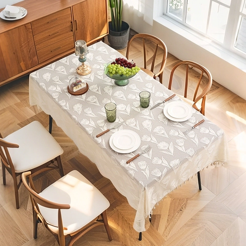 Rectangle Tablecloth Polyester Lace Jacquard Tulip Embroidery Tassel Fringe Vintage French Style Home Dining Decor