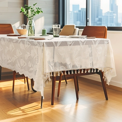 Rectangle Tablecloth Polyester Lace Jacquard Tulip Embroidery Tassel Fringe Vintage French Style Home Dining Decor