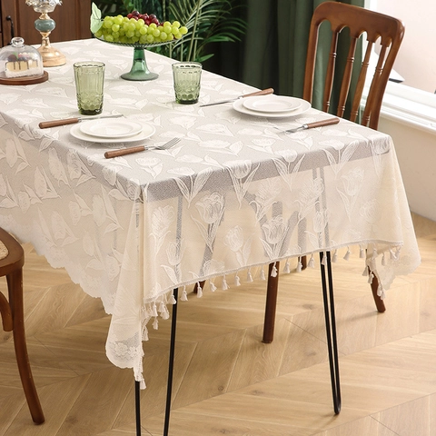 Tovaglia in Pizzo Jacquard a Tulips Vintage Francese Con Nappine Beige Rettangolare Antipolvere Decorativa Casa
