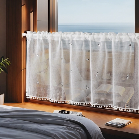 Polyester Cat Embroidery Cafe Curtains White Tulle Short Drapes With Pom Poms Rod Pocket For Kitchen Bedroom Windows