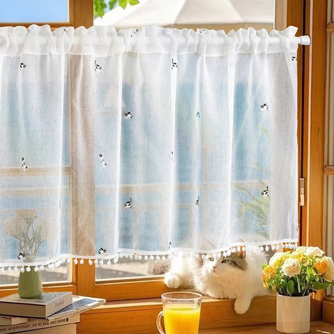 Polyester Cat Embroidery Cafe Curtains White Tulle Short Drapes With Pom Poms Rod Pocket For Kitchen Bedroom Windows