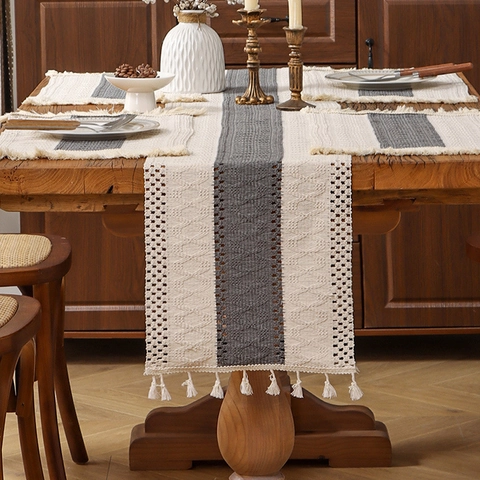 Runner da Tavolo Boho a Righe in Tessuto Con Nappine Poliestere Lino Giunzione Traforato Decorazione Tavolo per Feste Matrimonio