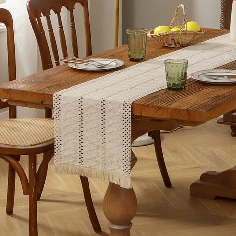 Bohemian Hollow Out Woven Table Runner With Tassels Polyester Linen Blend Striped Table Runner For Home Dining Room Decor
