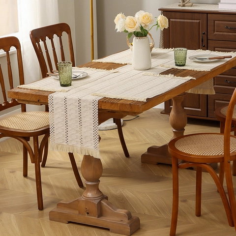 Bohemian Hollow Out Woven Table Runner With Tassels Polyester Linen Blend Striped Table Runner For Home Dining Room Decor