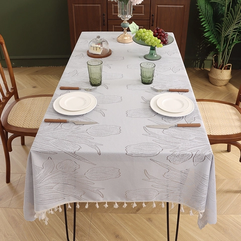 French Retro Tulip Embroidered Tablecloth Polyester Lace Tassel Rectangular Dining Table Cover Dustproof Decorative
