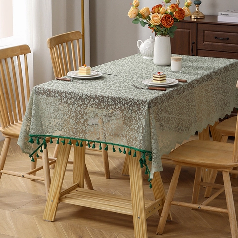 Mantel de Encaje Floral Pastoral Francés Con Borlas Jacquard Poliéster Rectangular Antipolvo Funda de Mesa Hogar