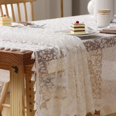 French Retro Floral Lace Tablecloth With Tassel Trim Polyester Rectangle Decorative Table Cover For Dining Room