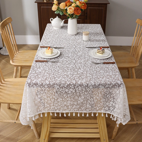 French Retro Floral Lace Tablecloth With Tassel Trim Polyester Rectangle Decorative Table Cover For Dining Room