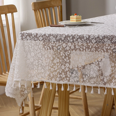 Französisch Vintage Spitzen Tischdecke Mit Blumenmuster Und Quasten Polyester Jacquard Tischabdeckung Für Esszimmer Deko
