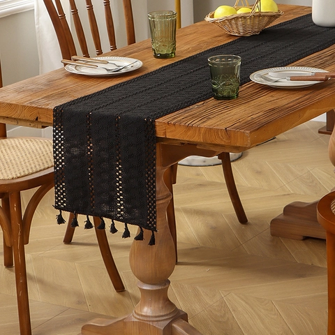 American Bohemian Hollow Crochet Table Runner With Tassels Cotton Linen Blend Decor For Dining Table Wedding Party Home