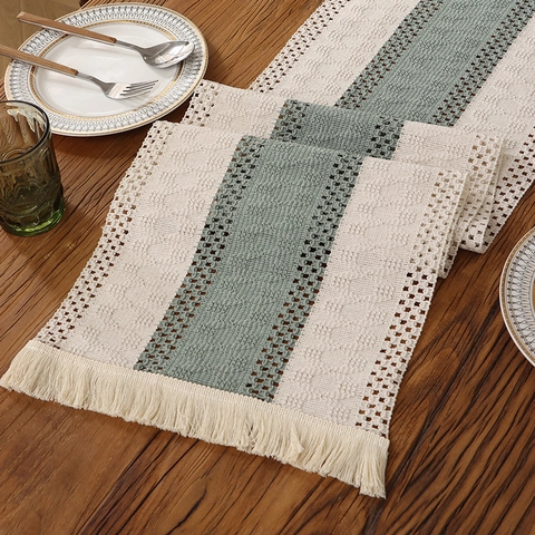 Chemin de Table Tissé à Rayures Style Bohème Avec Glands Coton Lin Ajouré Crochet Salle à Manger Décoration Maison
