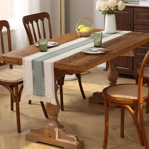 Chemin de Table Tissé à Rayures Style Bohème Avec Glands Coton Lin Ajouré Crochet Salle à Manger Décoration Maison