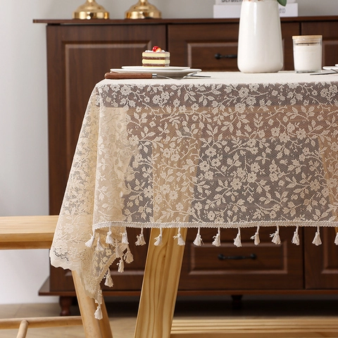 Floral Lace Tablecloth French Retro Hollow Jacquard With Tassel Fringe For Kitchen Dining Room Home Decor Elegant