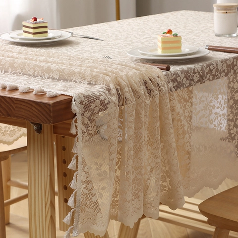 Franse Stijl Bloemen Kant Jacquard Tafelkleed Elegante Kwastjes Rand Polyester Tafelkleed Voor Eetkamer Feest Huisdecoratie