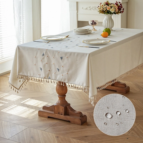 Tovaglia In Poliestere Cotone Impermeabile Ricamo Fiori Api Con Frange Rettangolare Stile Pastorale Copertura Tavolo
