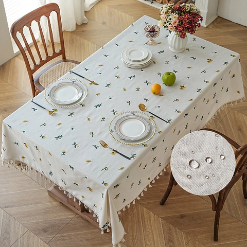 Embroidered Floral Tablecloth Waterproof Rectangular Polyester Cotton Table Cloth With Tassels For Dining Room Decor