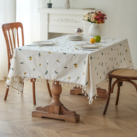 Waterproof Polyester Cotton Tablecloth With Dandelion Embroidery Rural Tassel Edge Rectangle Dining Table Cover Decor